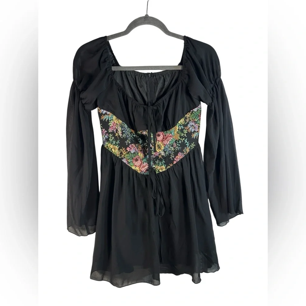 Cider Floral Corset Mini‎ Dress S Black Sheer Bell Sleeve Cottagecore